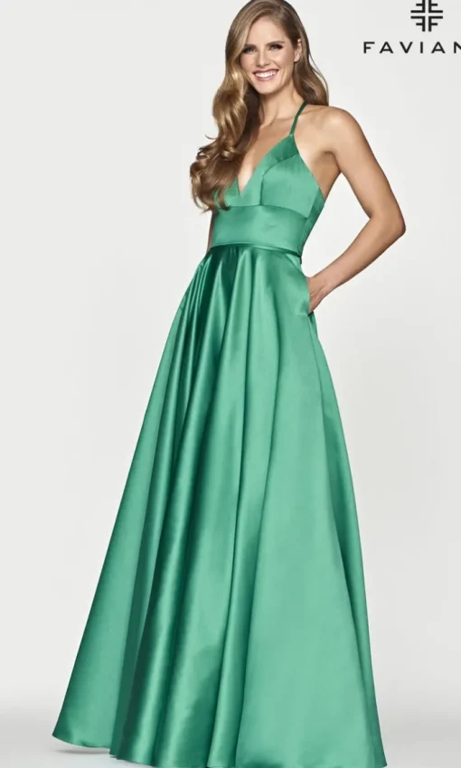 Faviana Long Satin A-Line Prom Dress with Pockets