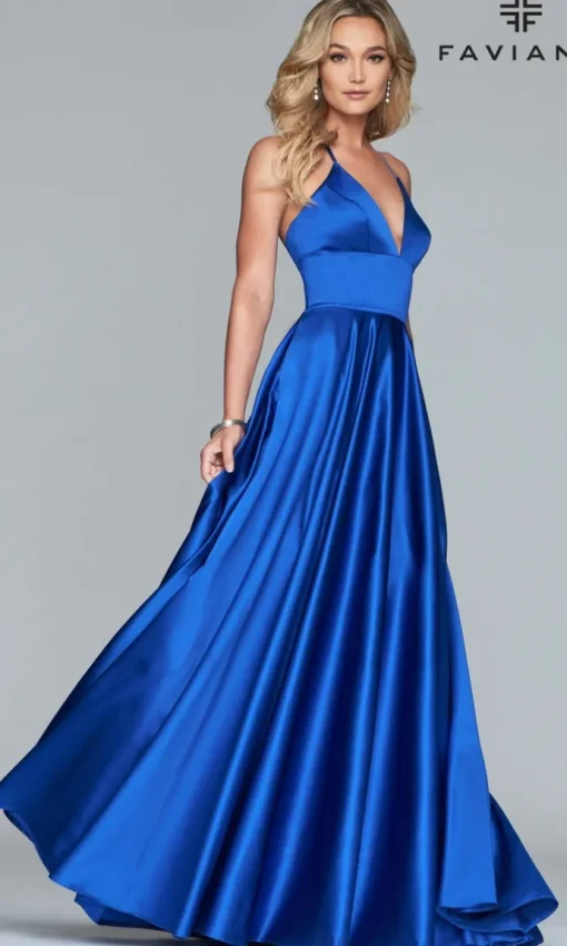 Faviana Long Satin A-Line Prom Dress with Pockets