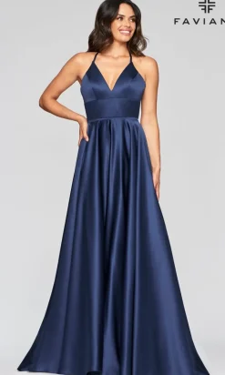 Faviana Long Satin A-Line Prom Dress with Pockets