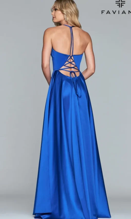 Faviana Long Satin A-Line Prom Dress with Pockets