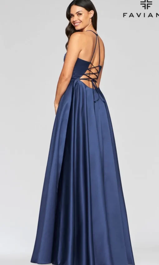 Faviana Long Satin A-Line Prom Dress with Pockets