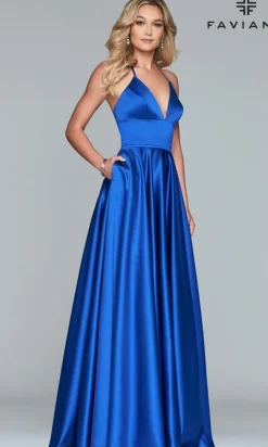 Faviana Long Satin A-Line Prom Dress with Pockets