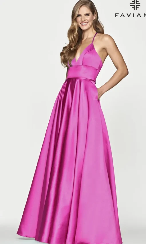 Faviana Long Satin A-Line Prom Dress with Pockets