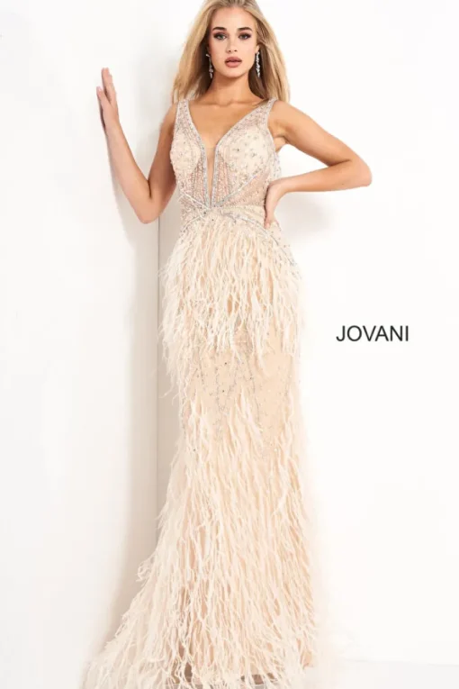 Feather-Embellished Long Jovani Formal Prom Dress