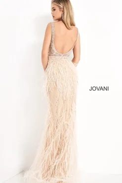 Feather-Embellished Long Jovani Formal Prom Dress