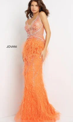 Feather-Embellished Long Jovani Formal Prom Dress