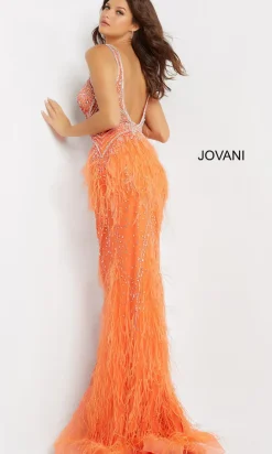 Feather-Embellished Long Jovani Formal Prom Dress