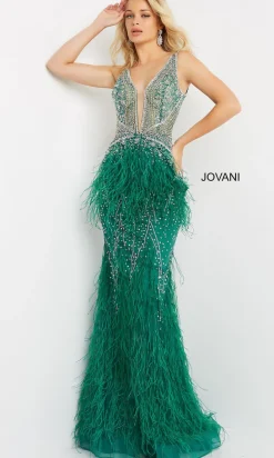 Feather-Embellished Long Jovani Formal Prom Dress
