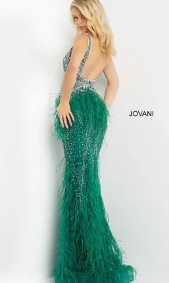 Feather-Embellished Long Jovani Formal Prom Dress