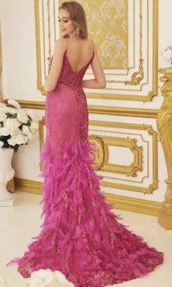 Feather-Skirt Long Sequin Formal Gown C1119
