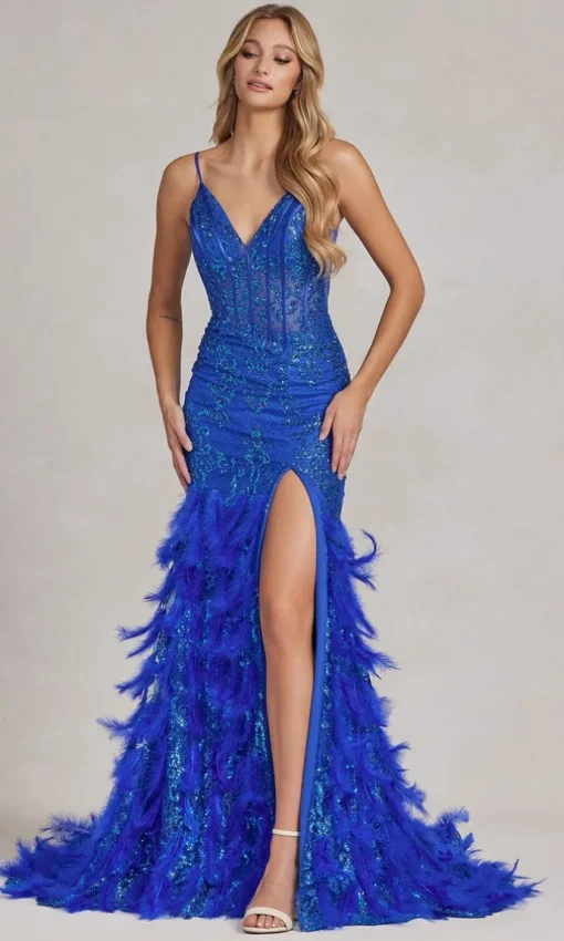 Feather-Skirt Long Sequin Formal Gown C1119