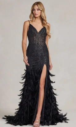 Feather-Skirt Long Sequin Formal Gown C1119