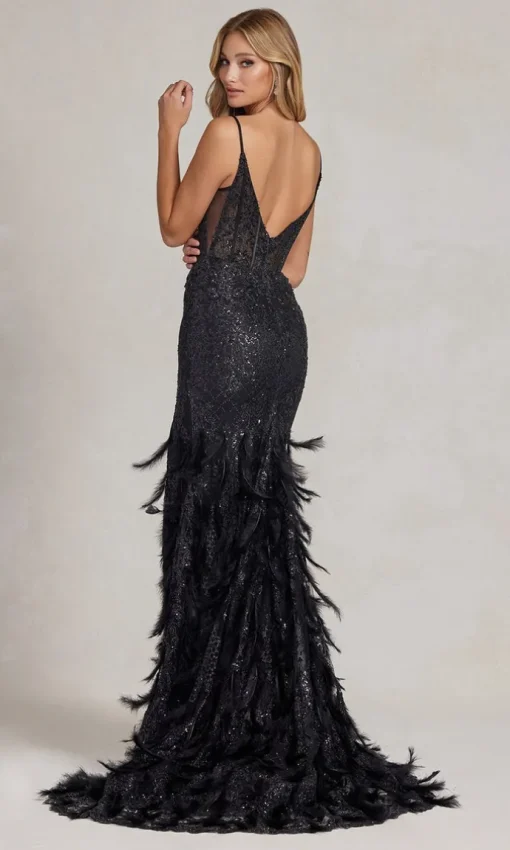 Feather-Skirt Long Sequin Formal Gown C1119