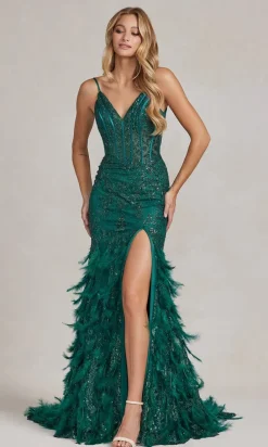 Feather-Skirt Long Sequin Formal Gown C1119