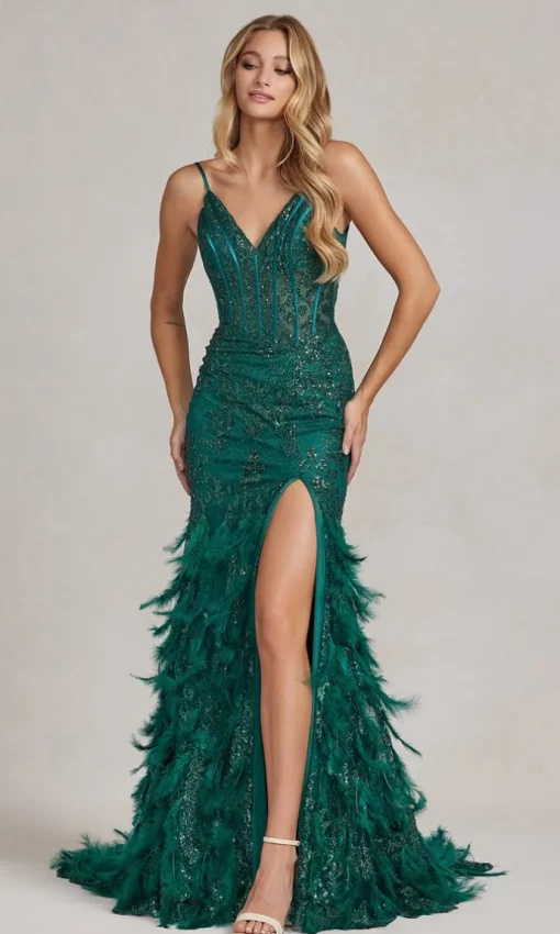 Feather-Skirt Long Sequin Formal Gown C1119