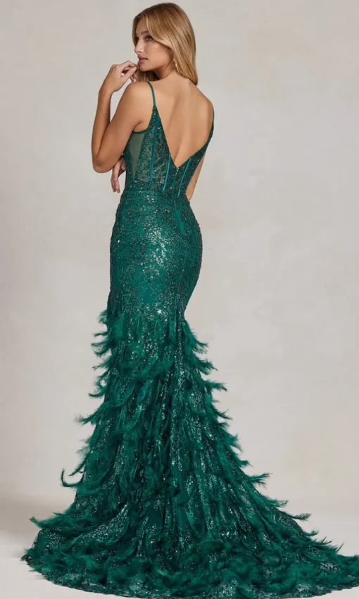 Feather-Skirt Long Sequin Formal Gown C1119