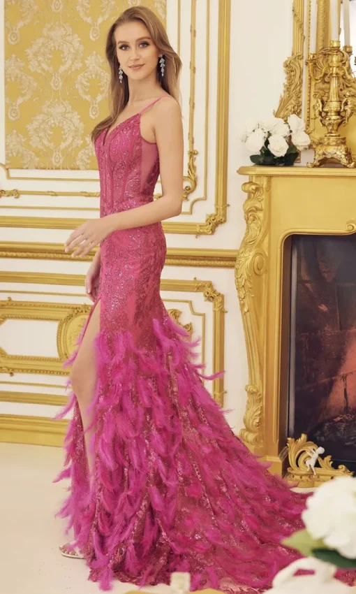 Feather-Skirt Long Sequin Formal Gown C1119