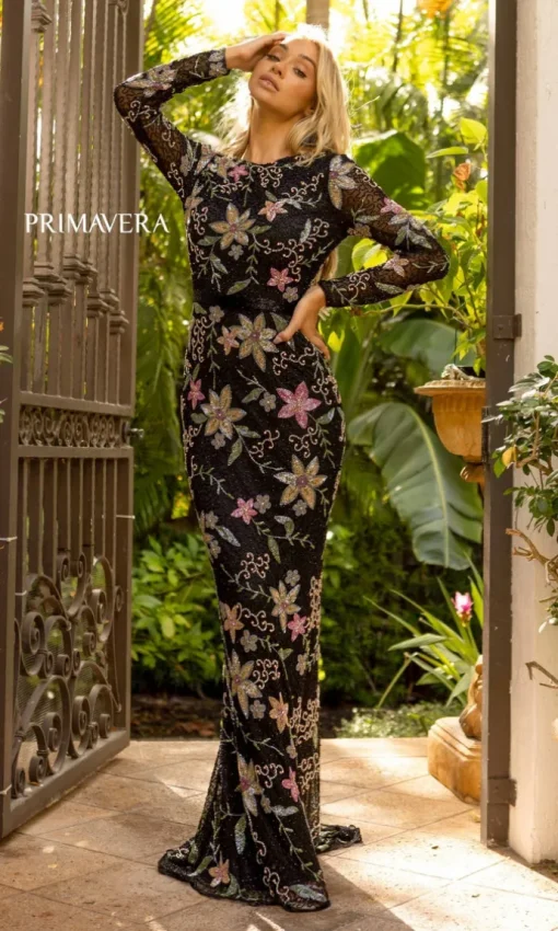 Floral-Beaded Long Sleeve Evening Gown 12007