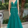 Floral-Embellished Long V-Neck Prom Dress 4311