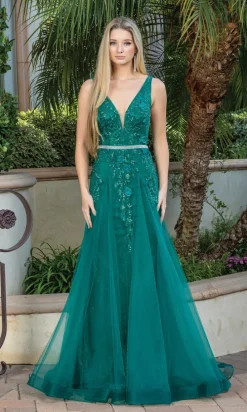 Floral-Embellished Long V-Neck Prom Dress 4311