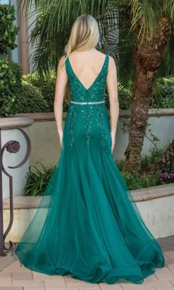 Floral-Embellished Long V-Neck Prom Dress 4311