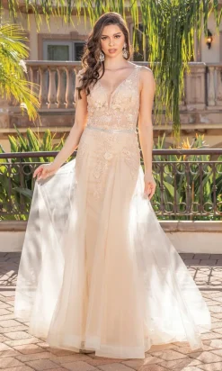 Floral-Embellished Long V-Neck Prom Dress 4311