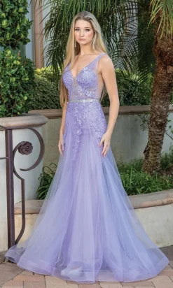 Floral-Embellished Long V-Neck Prom Dress 4311