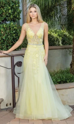 Floral-Embellished Long V-Neck Prom Dress 4311