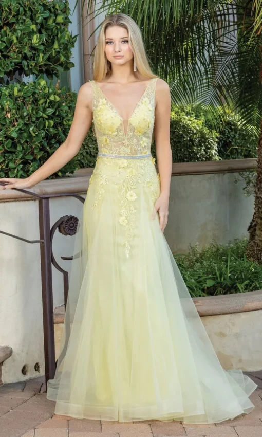 Floral-Embellished Long V-Neck Prom Dress 4311