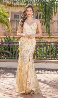 Glitter-Print Long Prom Dress with Sheer Sides