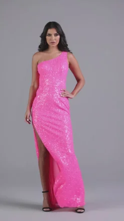 Hot Pink One-Shoulder Long Sequin Prom Dress