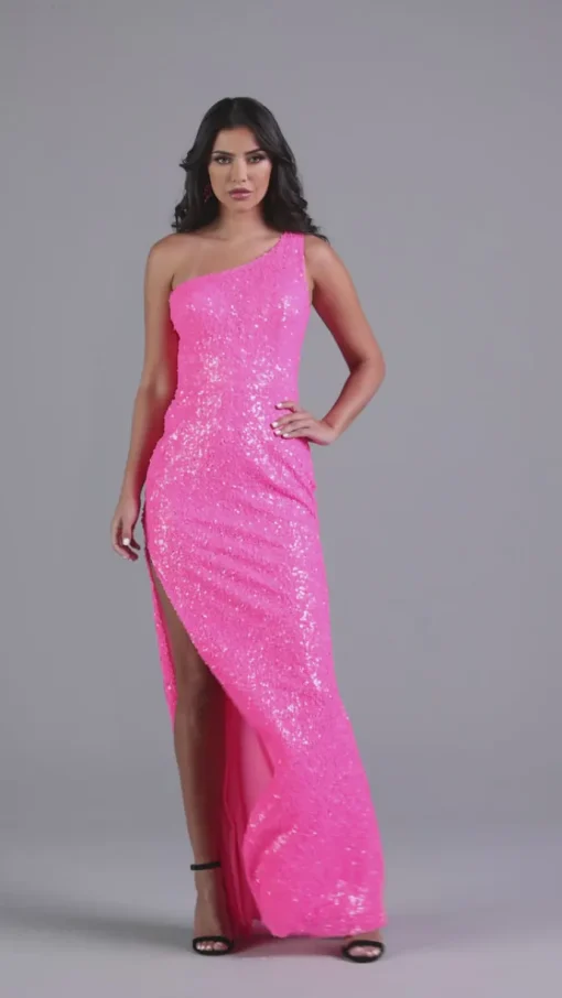 Hot Pink One-Shoulder Long Sequin Prom Dress
