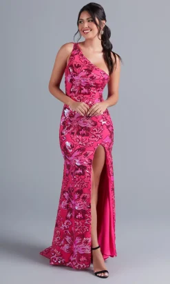 Hot Pink One-Shoulder Sequin Long Formal Dress
