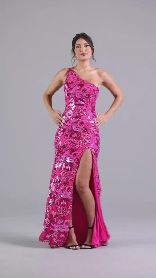 Hot Pink One-Shoulder Sequin Long Formal Dress
