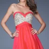 La Femme Beaded-Bodice Short Tiered Party Dress