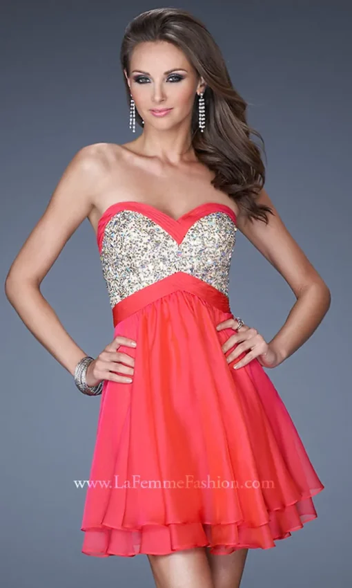 La Femme Beaded-Bodice Short Tiered Party Dress