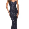 La Femme Indigo Blue Long Sequin-Print Prom Dress