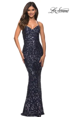 La Femme Indigo Blue Long Sequin-Print Prom Dress