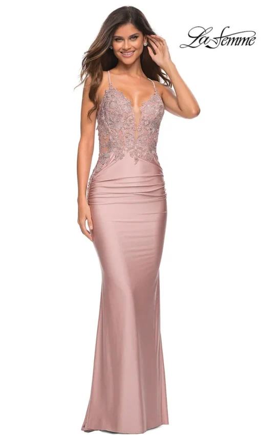 La Femme Long Jersey Prom Dress with Beaded Lace