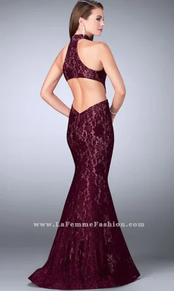 La Femme Long Lace Prom Dress
