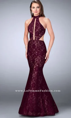 La Femme Long Lace Prom Dress