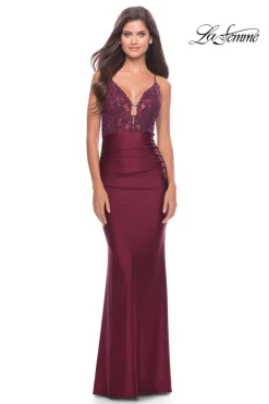 La Femme Long Prom Dress with Sheer Corset Bodice