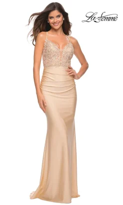 La Femme Long Prom Dress with Sheer Corset Bodice