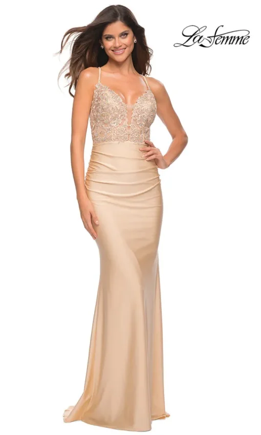 La Femme Long Prom Dress with Sheer Corset Bodice