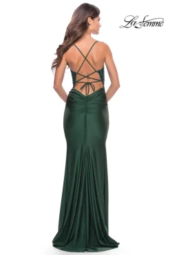 La Femme Long Prom Dress with Sheer Corset Bodice