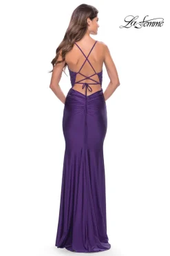 La Femme Long Prom Dress with Sheer Corset Bodice