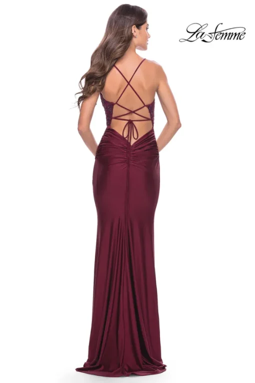 La Femme Long Prom Dress with Sheer Corset Bodice