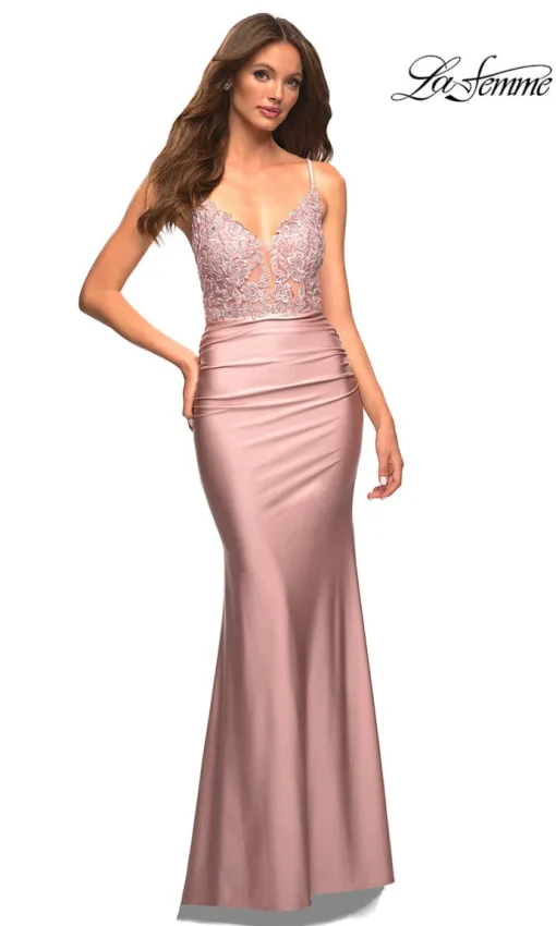 La Femme Long Prom Dress with Sheer Corset Bodice