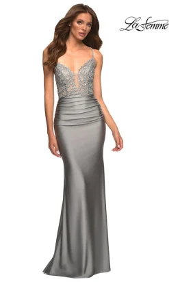 La Femme Long Prom Dress with Sheer Corset Bodice