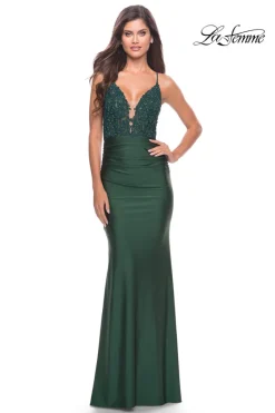 La Femme Long Prom Dress with Sheer Corset Bodice